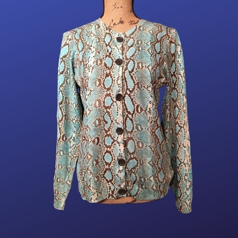 𝅺MICHAEL KORS Spring Summer CARDIGAN, NWOT, 3/4 Sleeves, AQUA/BROWN, Size L